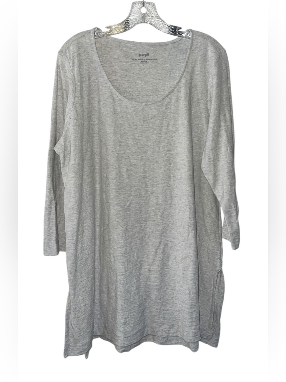 j. jill Pure Jill Lt Gray Cotton Round-Neck 3/4 Sleeve High Low Tunic Women's L